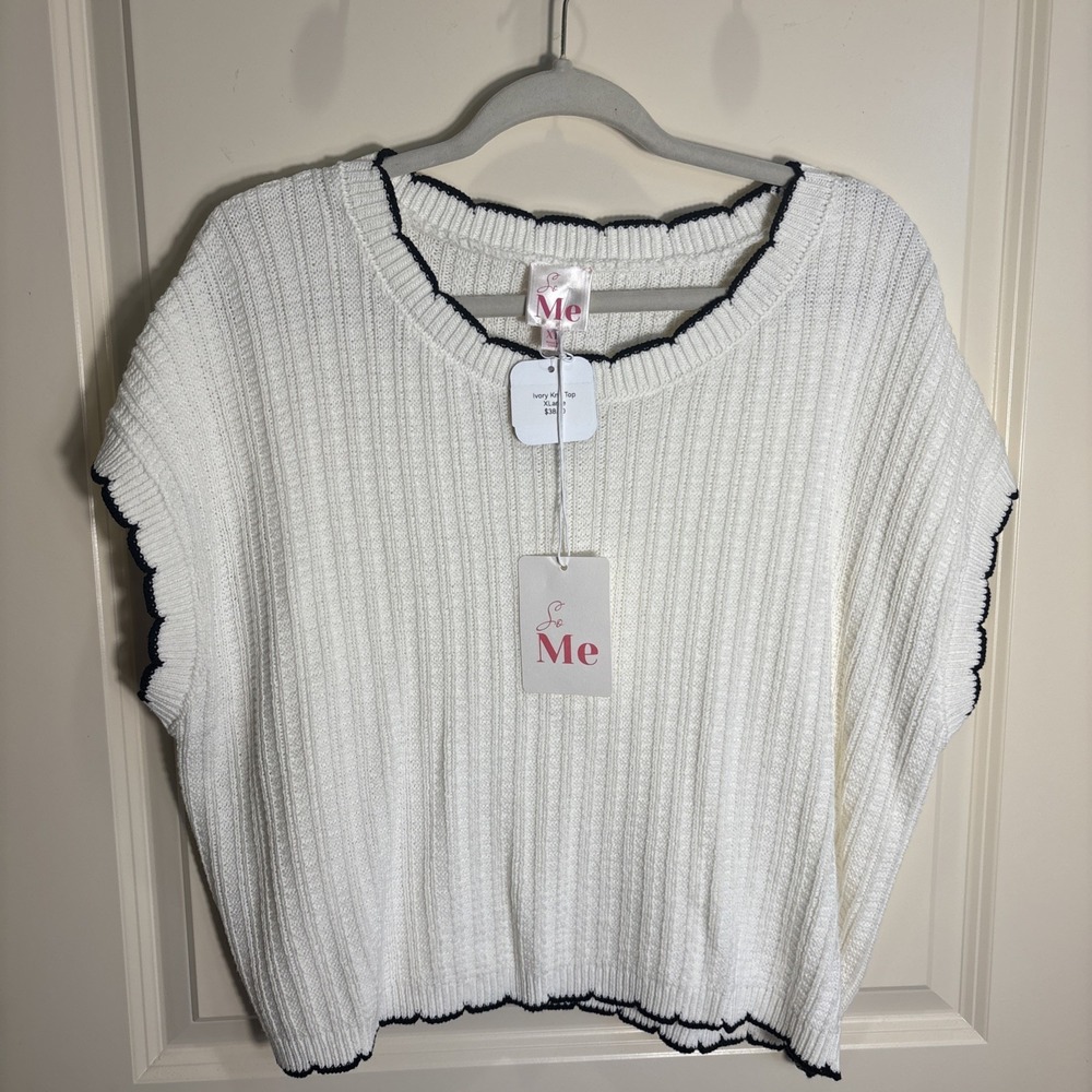 NWT So Me Ivory Cap Sleeve Lightweight Sweater Cotton Blend Scallop Trim Size XL